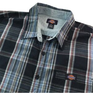 Dickies Shirt Mens Plaid Short Sleeve Button Up 2XL Blue Gray Check Casual Work